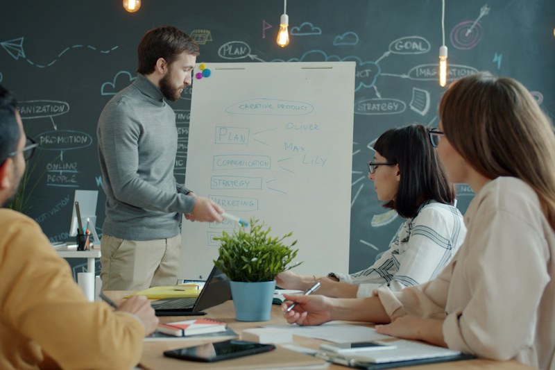 Team erarbeitet an einem Whiteboard einen Plan